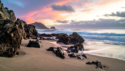 Dramatic coastal sunrise over the ocean, featuring rocks and waves