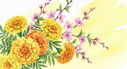 A vibrant bouquet of yellow and orange marigolds with delicate pink blossoms and green foliage on a soft yellow background.