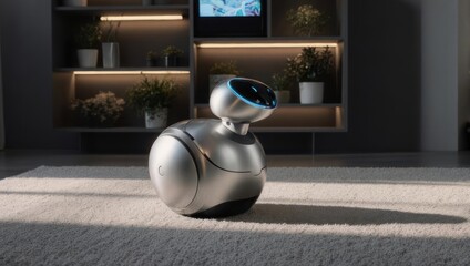 A sleek, silver robot stands on a carpeted floor in a modern home