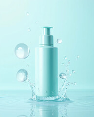 White cosmetic tube with water splashes on blue background, skincare product concep