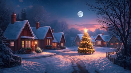 Enchanting winter scene of houses, a christmas tree, and a full moon night