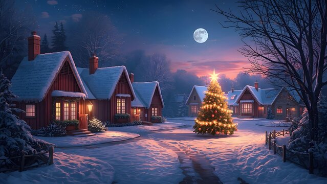 Enchanting winter scene of houses, a christmas tree, and a full moon night