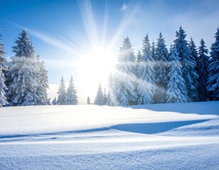 Bright winter sun shines over snow-covered trees in a forest landscape