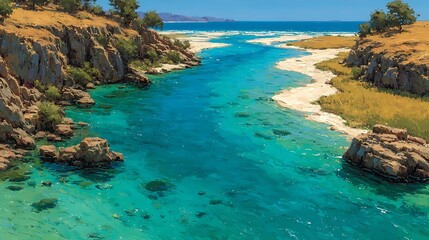 Fototapeta premium Turquoise River Winding Through Rocky Landscape Under Clear Blue Sky water