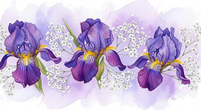 Watercolor illustration of three vibrant purple irises with delicate white baby's breath flowers. - Powered by Adobe