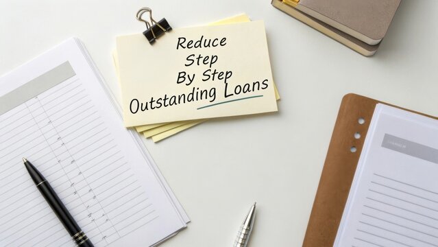 Strategies to Reduce Outstanding Loans with Step-by-Step Guide on a Workspace Desk Surrounded by Stationery Items