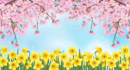A beautiful spring landscape with pink cherry blossoms framing a blue sky above a field of yellow daffodils.