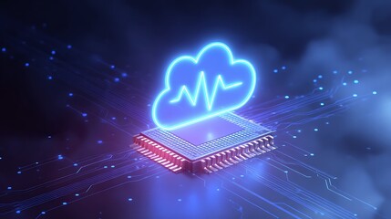 Digital Health Cloud with Heartbeat on Microchip. Futuristic AI and Medical Data Processing Technology Concept