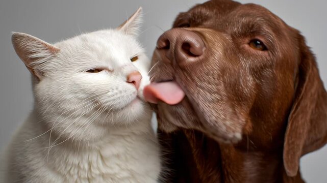 A white cat and a brown dog are kissing each other. Close-up dog licking cat forehead slow calm minimal gesture, clean blank space framing, cat and dog minimalist scene