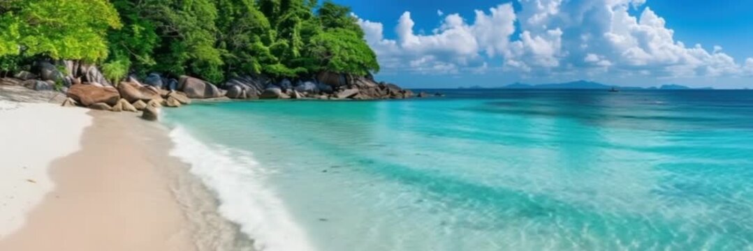 Tropical beach with palm trees and turquoise water in ocean. Paradise island on sunny day. Trip, travel and vacation