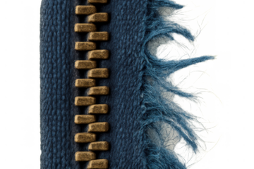 Close-up showing metal zipper on blue frayed denim texture, apparel fashion detail, transparent background