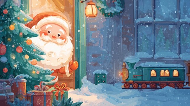 A festive scene of collaboration and celebration as Santa peeks from behind a decorated Christmas tree on a snowy evening. - Powered by Adobe