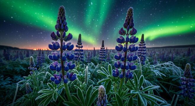 Lupine flowers covered in frost under the vibrant green aurora borealis in Iceland.