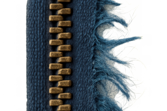 Close-up showing metal zipper on blue frayed denim texture, apparel fashion detail, transparent background