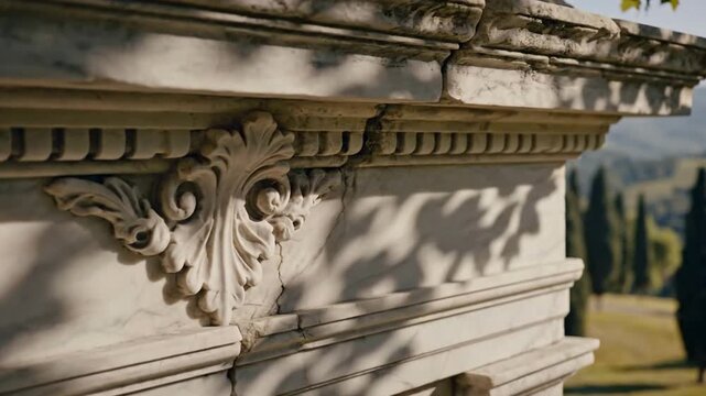 Ornate classical marble architecture with intricate carvings and molding in an outdoor setting.