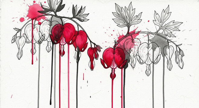 Artistic illustration of bleeding heart flowers with red paint splatters and drips, combining detailed line art with abstract elements.