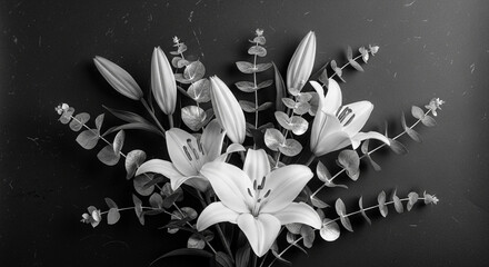Elegant monochromatic bouquet of white lilies and eucalyptus leaves arranged on a dark background.
