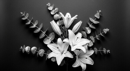 Elegant black and white floral arrangement featuring lilies and eucalyptus leaves on a dark background.