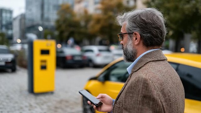 Modern Urban Parking: A distinguished gentleman, engrossed in his phone, pauses in an urban landscape, near a vibrant vehicle.