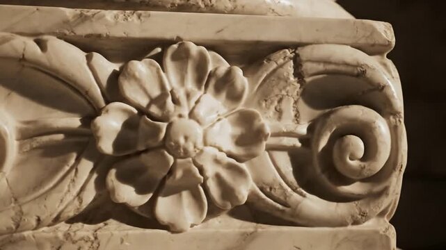 Detailed close-up of an ornate stone carving featuring a prominent floral design and elegant scrollwork.