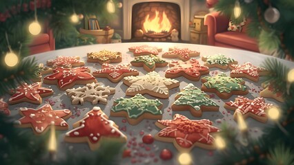 Festive Christmas Cookies Arranged Near a Fireplace Creating a Cozy Atmosphere