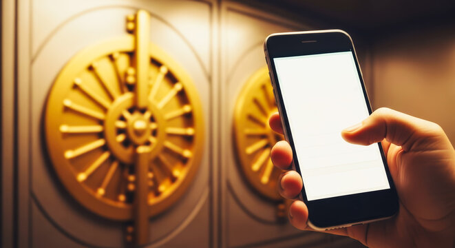 A secure digital banking, a hand holding smartphone in front of a giant vault door, symbolizing security and financial technology. - Powered by Adobe