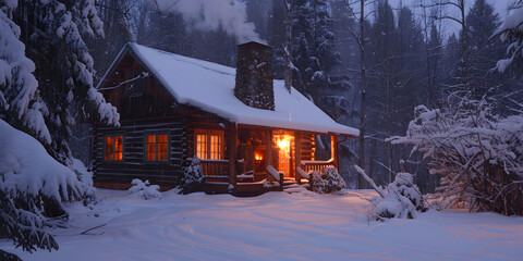 Cozy illuminated wooden cabin nestled amidst a snow-covered forest, emanating warmth and light from within during a cold winter evening, with soft snowfall creating a peaceful and serene atmosphere.