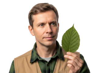 Man Holding Green Leaf Promoting Nature Conservation Environmental Awareness Botanical Discovery Healthy Lifestyle
