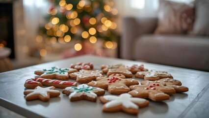 Festive christmas cookies arranged on a table with blurred tree background