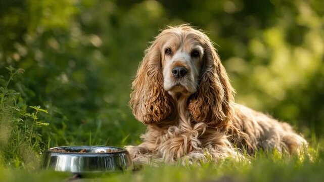 Loyal Companion's Pause: An American Cocker Spaniel rests attentively beside its food bowl, enveloped in a scene of tranquility, as gentle sunlight caresses the lush, green grass.