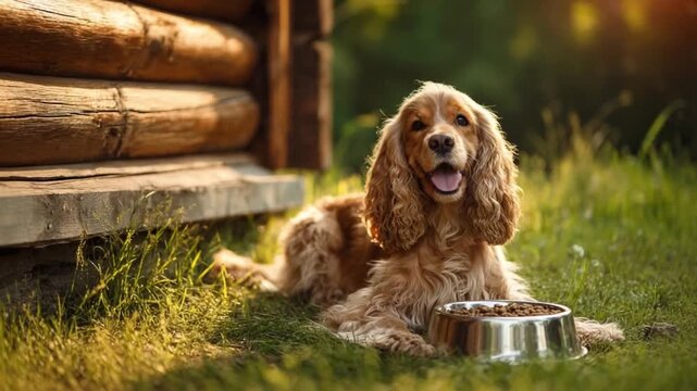 Happy Dog's Outdoor Lunch: A contented cocker spaniel enjoys a sunny lunch next to a rustic wooden cabin, with a metal bowl in a verdant field.