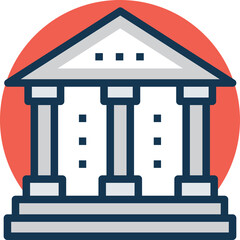 A stylized illustration of a classical building with columns and a triangular pediment set against a solid coral circle background symbolizing government or law