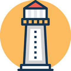 A Stylized Icon of a Lighthouse with Red Top and White Tower Against a Bright Orange Circle Background on a Transparent Canvas