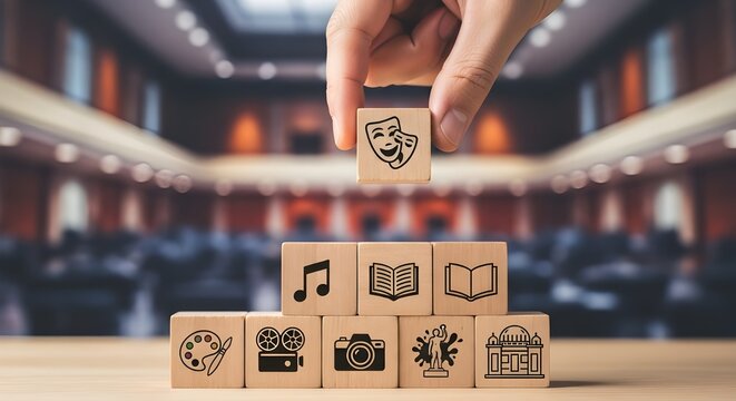 Global culture, arts, media, and entertainment industry concept with creative icon stack