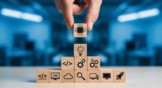 Software development, coding, and innovative IT technology concept with digital program icons