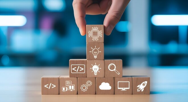 Software development, coding, and innovative IT technology concept with digital program icons - Powered by Adobe