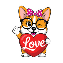Cartoon corgi dog wearing glasses and pink polka dot bow holding a red heart with the word Love illustration.