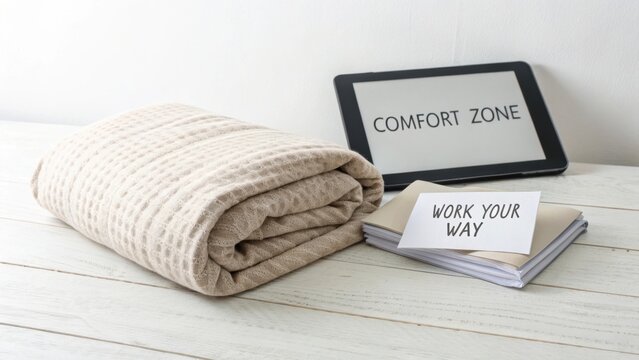 Cozy workspace setting with blanket, tablet display, and motivational notes for fostering productivity and comfort at home