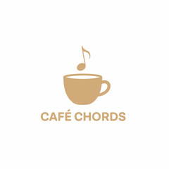 A logo design combining a coffee cup with a musical note, and the words "CAFE CHORDS" below
