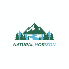 Stylized nature scene with a mountain range, river, trees, and text "NATURAL HORIZON.