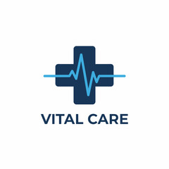 A medical logo featuring a blue cross with a heartbeat-like line, text below, on white background