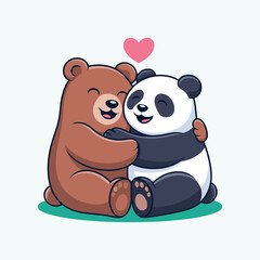 Cute brown bear hugging a panda bear with a pink heart above them on a teal oval shape love vector illustration.