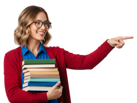 Happy Professional Woman Pointing Right Holding Stack Books Academic Education Learning Knowledge