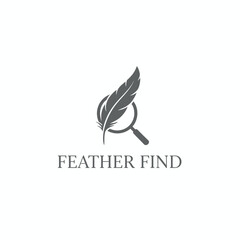 A gray feather and magnifying glass logo with centered text at the bottom