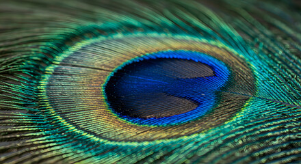 Obraz premium Close-up captures the iridescence of a peacock feather, highlighting its vibrant blue eye and surrounding green and gold filaments, showing intricate textures and suggesting themes of beauty.