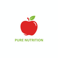 A red apple with a green leaf and stem, with the words "PURE NUTRITION" below in green letters