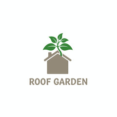 A rooftop garden logo with a house and green plant emerging. The phrase "ROOF GARDEN" is below