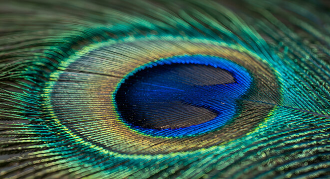 Close-up captures the iridescence of a peacock feather, highlighting its vibrant blue eye and surrounding green and gold filaments, showing intricate textures and suggesting themes of beauty.