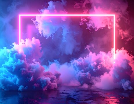 Glowing neon frame among vibrant, color-shifting, fluffy clouds