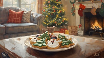 Festive Christmas Cookies by the Fireplace Painting, an Elegant Holiday Scene